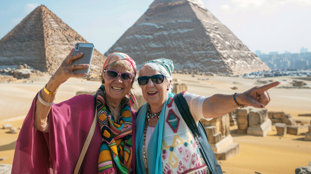 Two women are posing for a picture in front of the pyramids