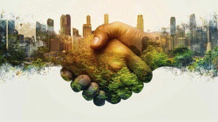 A conceptual image of a handshake between industrial and developing nations, symbolizing cooperation in climate mitigation efforts, against a clear background.