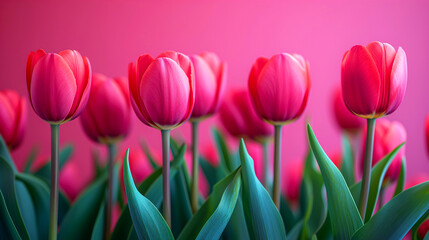 Red tulips on pink background with copy space for your text.