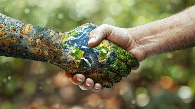 A symbolic handshake between industrial and developing nations signifies united climate action against a clear backdrop.