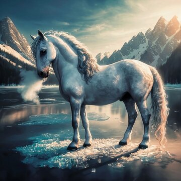 A stunning and unique image of a majestic white horse standing on a frozen lake, surrounded by towering snow-capped mountains. The horse's breath forms a misty cloud, and its mane and tail are frozen 