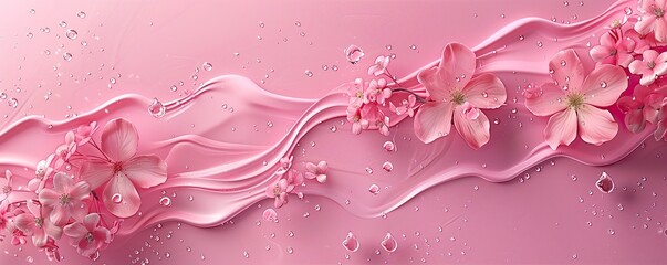 Pink background with pink flowers and water drops