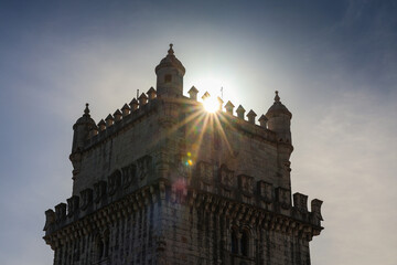 Belem Tower in Lisbon. Landscape photo with this landmark building from Lisbon, next to Tagus river. Belem Tower is a fortified medieval construction. Travel to Portugal.
