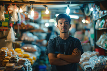 Fototapeta premium A simple street market seller in front of his stand stall. Blurred background with bokeh. Created with Generative AI technology.