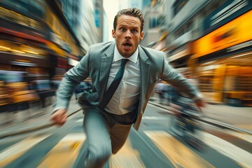 Dynamic image of a businessman in a grey suit rushing through the city