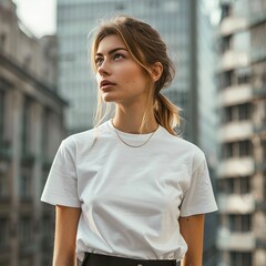 Portrait of a young woman in a white tee, featuring a natural look with an urban skyline backdrop, embodying a casual, modern city vibe..