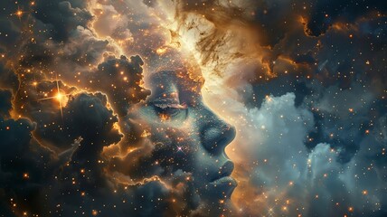 Stellar nebulas forming a celestial visage in a cosmic display of AI artistry - obrazy, fototapety, plakaty