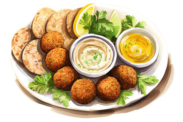 Delicious Arabian Falafel with Homemade Hummus and Roasted Chickpea Dip on a Wooden Plate, a Tasty Vegetarian Appetizer for Healthy Vegan Eating - Rustic Middle Eastern Cuisine on a Green Lettuce