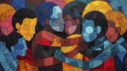A vibrant portrayal of a group hug involving people of various identities, symbolizing the support and solidarity found in the human rights movement, against a clear backdrop.