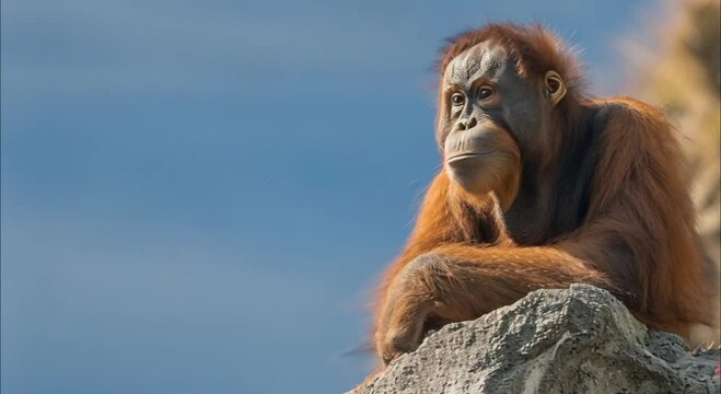 an orangutan on a rock footage