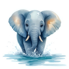 Watercolor illustration of a cute cartoon elephant swimming - generated by ai
