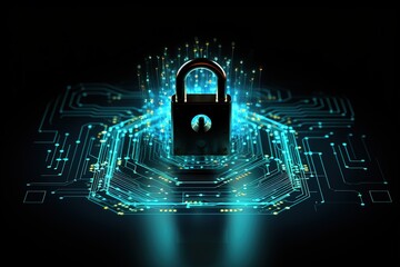 Cyber security concept with circuit board and padlock on black background, AI Generated