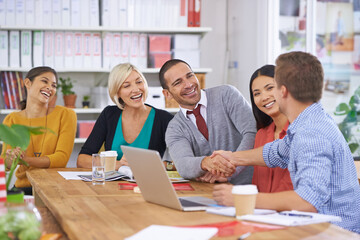 Fototapeta premium Business people, b2b and handshake for onboarding in office, recruitment and introduction in meeting. Happy, colleagues and agreement in partnership, smile and congratulations for hiring or deal
