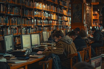 Students deeply focused on their screens amidst the grandeur of a classic library setting