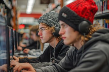Teenagers with headphones use computers at the library