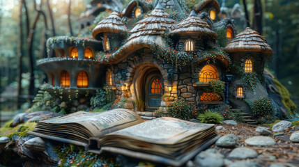 Obraz premium enchanted forest cottage with open storybook, book day celebration