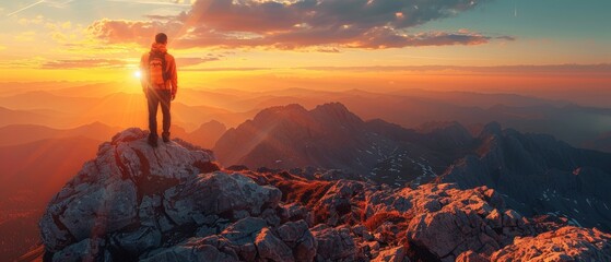 A lone hiker stands on the summit contemplating the expansive mountain range bathed in the golden light of the setting sun - obrazy, fototapety, plakaty