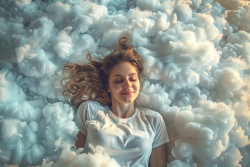 A young woman sleeps, completely relaxed and happy, on a cloud. Concept: This mattress is like sleeping on a cloud.