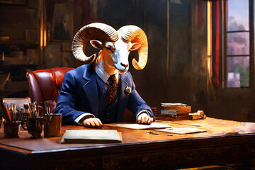 Horned boss of the company. Anthropomorphic ram director is sitting at the table in the boss's office. Allegory, metaphor. - obrazy, fototapety, plakaty
