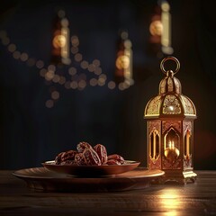 Fototapeta na wymiar Ramadan Kareem greeting card, Golden lantern with dates on wooden table, Ai Generated