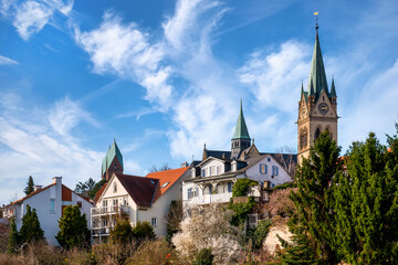 View of St. Mary's Church in the historic city centre of Bad Homburg, Germany - obrazy, fototapety, plakaty