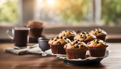 Muffin with chocolate chips on table
