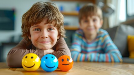 Fototapeta premium Developing emotional intelligence Little girls and boys learn to express different human emotions, concepts for managing children's emotions.