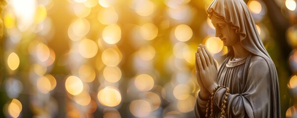 Statue of a religious figure with hands clasped in prayer, highlighted by a warm bokeh light effect