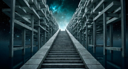 Fototapeta premium A surreal portrayal of staircases ascending towards myriad dimensions against the backdrop of boundless space, prompting a reconsideration of reality's bounds