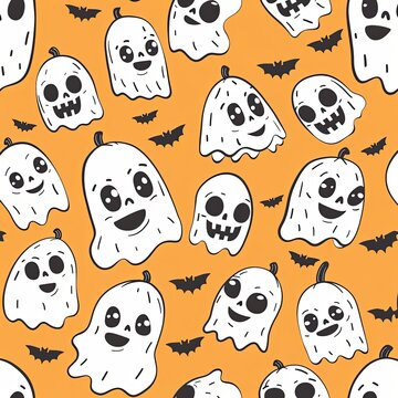Playful cartoon ghosts and bats on a vibrant orange backdrop, expressing a range of emotions