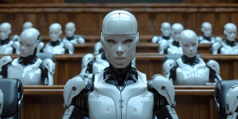 A group of robots are standing in a row, with one of them facing the camera