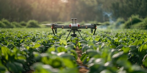 A drone is flying over a field of green plants. The drone is equipped with a camera - obrazy, fototapety, plakaty