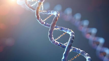 An intricate 3D illustration of a DNA double helix with a highlighted segment, symbolizing genetic research and biotechnology.
