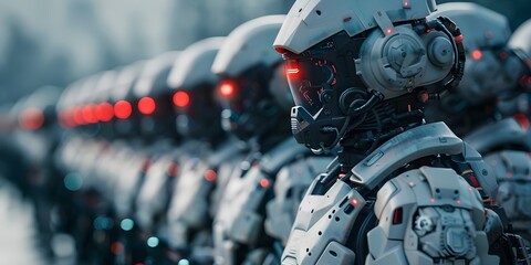 A group of robots are lined up in a row, all wearing helmets