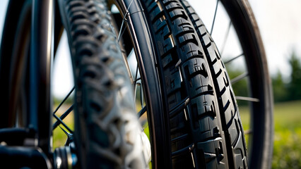 Bicycle tire track, wheel and tire in the park, with black rubber texture and tread pattern
