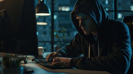 Male hacker hack program. Scary cybercriminal man in black hood. Big data security. Digital criminal working on Computer pc. Programmer guy write line of code. Cybersecurity concept. Internet spy.