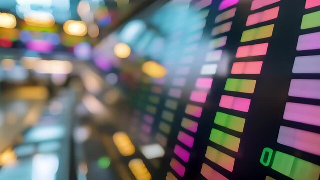 Abstract blurred background of colorful stock market trading data on screens, financial concept.