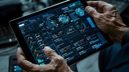 A professional examines intricate data on a high-tech touchscreen interface, showcasing modern analytical tools in action.
 - obrazy, fototapety, plakaty