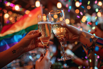 Friends toasting to LGBTQ pride in a lively bar setting	