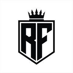 RF Logo monogram bold shield geometric shape with crown outline black and white style design