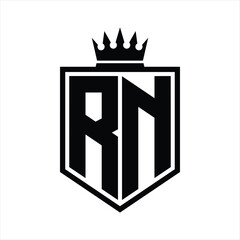 RN Logo monogram bold shield geometric shape with crown outline black and white style design