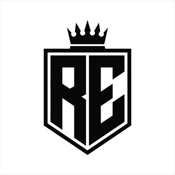 recommend clip art: RE Logo monogram bold shield geometric shape with crown outline black and white style design