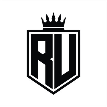 recommend clip art: RU Logo monogram bold shield geometric shape with crown outline black and white style design