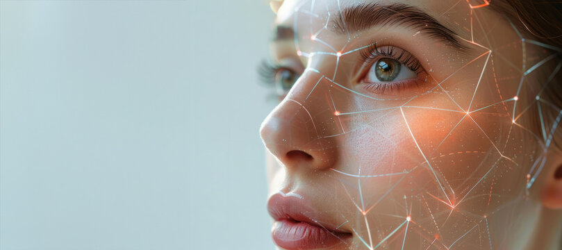 A woman with a face made of lines and dots. Lifting lines, advertising of face contour correction, female face skin lifting. Facial rejuvenation concept, cosmetology with generative ai