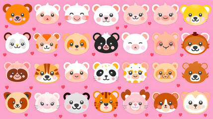 Colorful and charming collection of cartoon bear faces with different expressions on a cute pink polka dot background.
