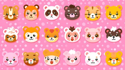 Fotobehang Schattige dieren set An array of cheerful cartoon bear faces with different expressions on a playful pink polka dot patterned background. 