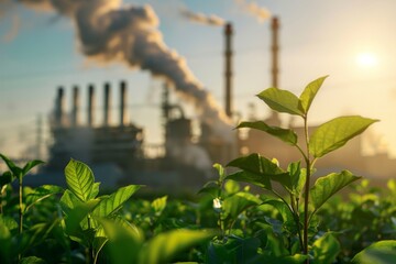 Trees and the blurred background of the factory, carbon credit concept