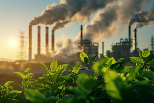Trees and the blurred background of the factory, carbon credit concept