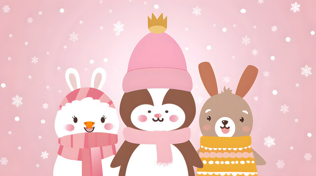 Cute cartoon animals in winter attire, with a penguin as the centerpiece, set against a snowflake-adorned pink background.

