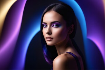 Girl flaunts stylish makeup and hair. Artistic background enhances the allure.